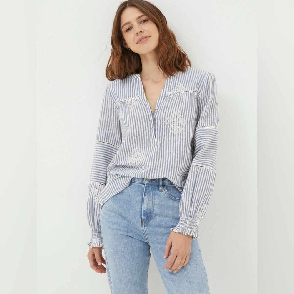 Fat Face Blue and White Striped Cotton Peasant Top